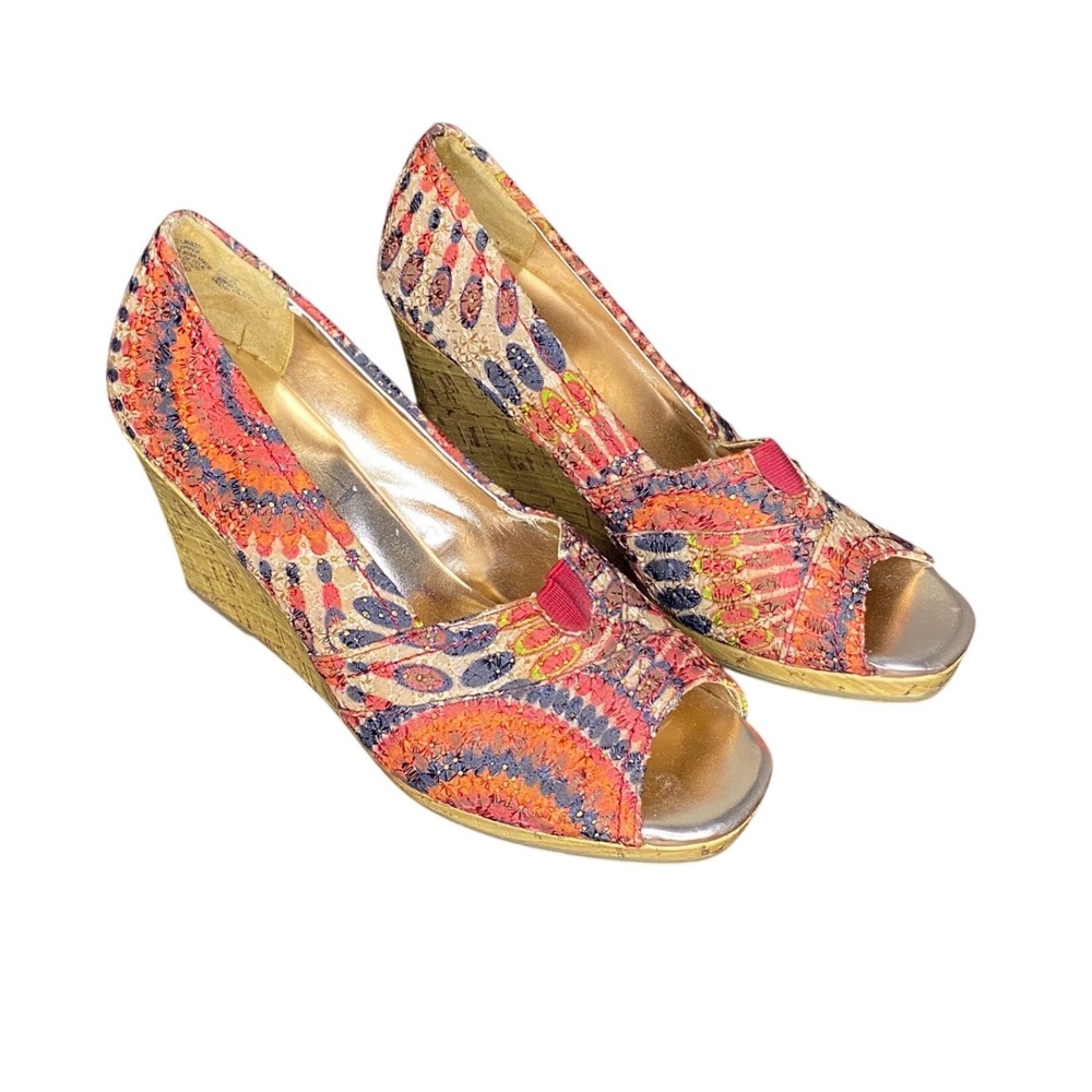 Faded Glory Women Boho Embroidered Peep Toe Cork‎ Wedge Heels Multicolor Size 8